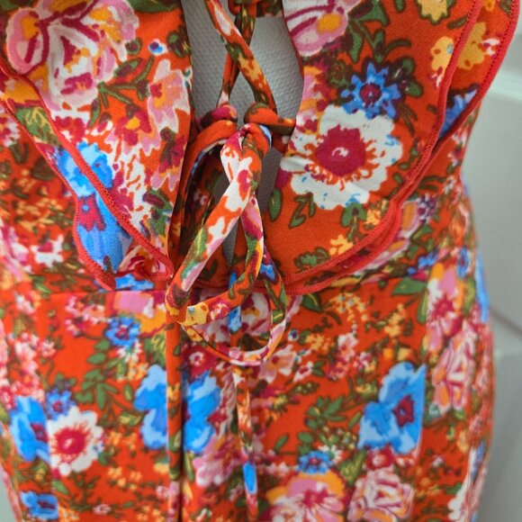 Wayf Maxi Dress Women Small Red Ditzy floral Lace up Slit Back Zip Party Wedding - Picture 12 of 16